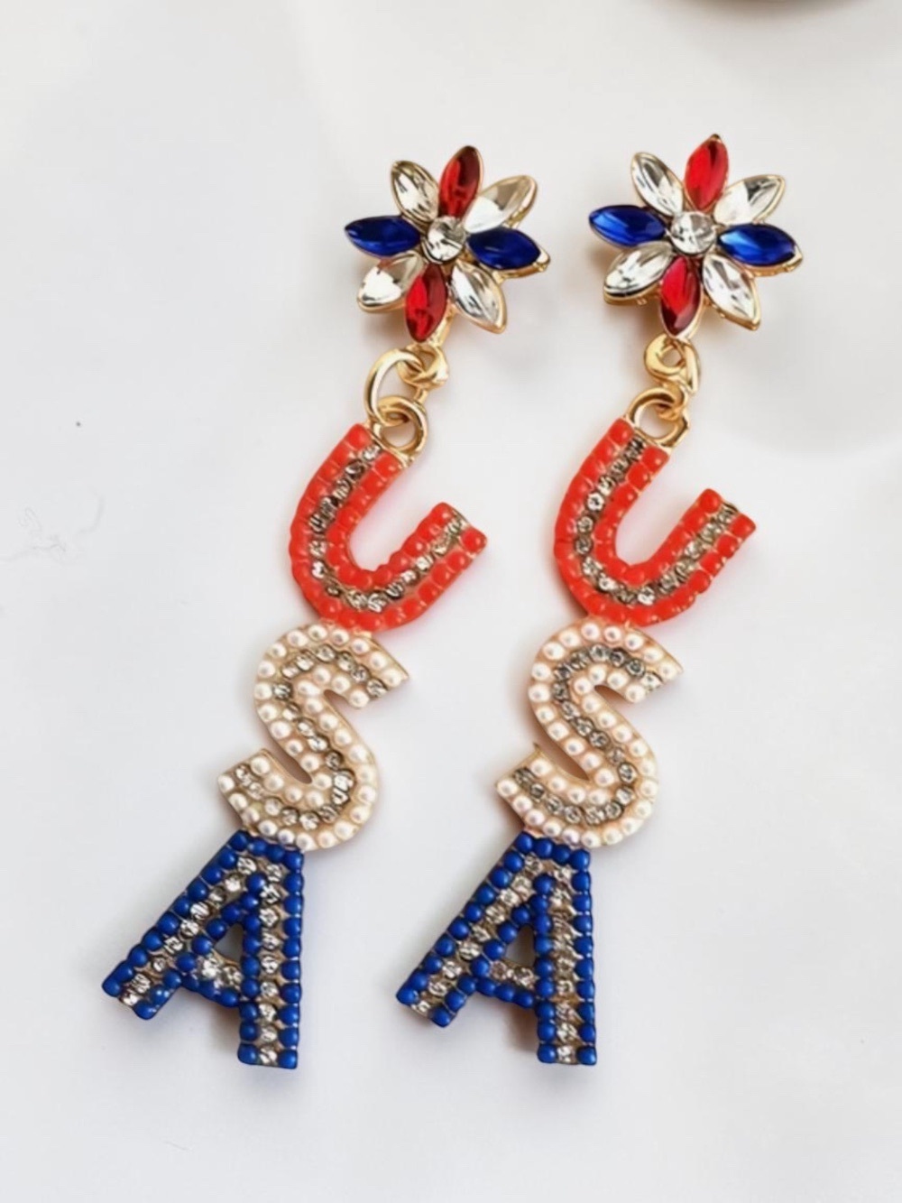 USA Earrings Sparkling Red White Blue 4th of July Rhinestone Earring NWT
